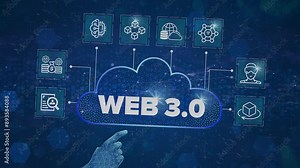 Web 3.0 Cloud construction concept video on virtual screen. Semantic Web, Metaverse, 3D Graphics, Connectivity (Ubiquity), Decentralization, Digital Identities, Micropayments, AI, Big Data, Blockchain
