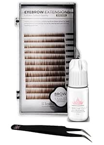 Lash Eyebrow Extensions Kit with 1 x Trays of Mink False Eyebrows in Brown Comes on Mixed Length Trays 5-8 Mm Mix, Eyebrow Glue Clear & Extension Tweezers (Brown, Black Tweezer)