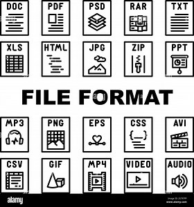 file format document icons set vector. presentation web, pdf label, png video, type jpg, computer doc, html file format document black contour illustrations. file format document icons set vector Stock Vector Image & Art - Alamy