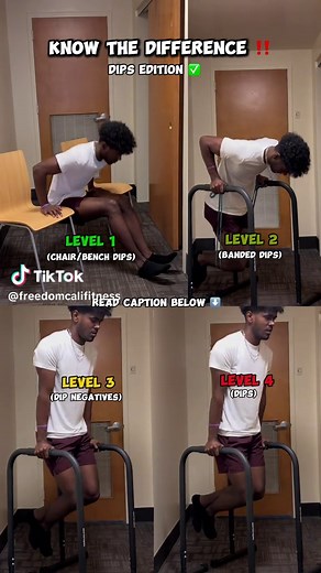 Here are some progressions to unlock your first dip ✅ (Level 1: Chair/Bench dips✅) This can be done with one chair or two instead. Many people will find it more comfortable to use two chairs. If you are using one chair or a bench, putting your hands outward 90 degrees may feel comfortable but if you are using two chairs you can keep your hands facing forward. The more you extend your legs out, the harder this will be. (Level 2: Banded dips✅) Simply hold a resistance band in place with your hands
