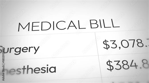 Medical BIll and expenses showing surgery, anesthesia charges with numbers running close up 4k animation. Health, hospital, doctor