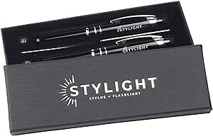 3-in-1 Light Up Ballpoint Pen + LED Flashlight + Stylus (2-Pack) - Stainless Steel Night Writer Stylus Pens for Touch Screen iPhone Tablet Smartphone Reading Writing in Dark,(Blue Ink)