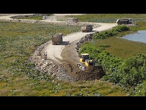 New Road Building Technology Shantui Bulldozer Push Removing Rock Into Water Across Big Lake