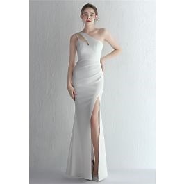 Cutout One-Shoulder Split Gown in White
