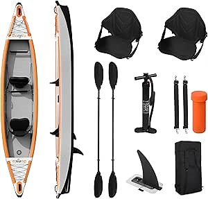 Bonnlo Inflatable Kayak Foldable Kayak for Adults Blow Up Kayaks with Kaykay Seats, Foot Pedal, 7.6 FT Aluminum Oars, Output and Input Air Pump for 1 Person, 2 Person, 2 Plus 1 Child, Easily Track