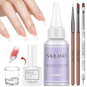 Saviland French Nail Kit: French Nail Brush Set 60ML Nail Brush Conditioner White Gel Nail Polish Liner Nail Art Brushes Dotting Pen Dappen Dish DIY French Nails Home DIY Starter