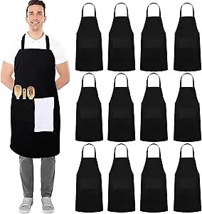 DAN RIVER 100% Polyester Kitchen Apron with Pocket pack of 12, Machine Washable Smocks and Adjustable Chef’s Aprons for Cooking, BBQ, Cleaning, Painting, and Washing Dishes | Black Color