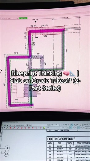 Blueprint Thinking 🧠📐 | Slab on Grade Takeoff (Part 1) In Part 1, we cross-reference the floor plan and details to confirm the correct slab dimensions. In Part 2, we walk through the process of quantifying the cubic yards of concrete for the slab on grade. This is exactly how estimators and project engineers translate drawings into real quantities in the field. Follow for more Blueprint Thinking sessions every Wednesday at 9 PM CST. #constructiontips #projectengineer #blueprintreading #constru