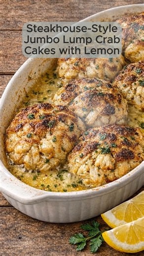 Steakhouse-Style Jumbo Lump Crab Cakes with Lemon Butter (Casserole Style) Ingredients Crab Cakes 1 lb jumbo lump crab meat (picked for shells) 1 large egg 1/2 cup mayonnaise 1 ½ tsp Dijon mustard 1 tsp Worcestershire sauce 1 tsp Old Bay seasoning 1 tsp lemon juice 1 garlic clove, minced 2 tbsp fresh parsley, chopped 1/2 cup panko breadcrumbs Salt & pepper to taste Lemon Butter Sauce 1/3 cup unsalted butter 2 tbsp fresh lemon juice 1 garlic clove, minced 1 tbsp chopped parsley Pinch salt black p
