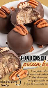 CONDENSED MILK PECAN BALLS! 1 cup pecan halves 14 oz sweetened condensed milk 1 ½ tbsp all-purpose flour ½ tsp pure vanilla extract 2 cups dark chocolate candy melts | Easy Recipes