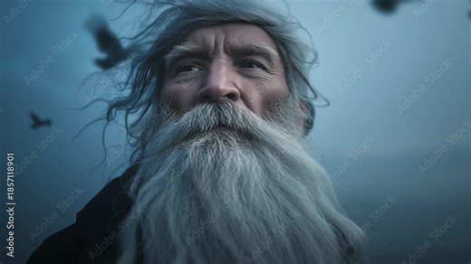 Portrait of Odin inspired by Norse mythology, showing an aged god with long beard, windblown hair, ravens in the mist, and a dark epic mood