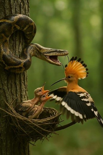 Hutooti Mom Protects Kid from Python! | 後鳥蒂ママが子を守りニシキヘビに立ち向かう！ | 후투티 엄마가 아이를 지키며 비단뱀에 맞서다!