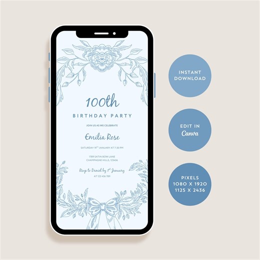 100th Birthday Invitations for Women, Digital Invite for Milestone Birthdays, Party Invitations for Adults, Editable Evite, Canva Template - Etsy