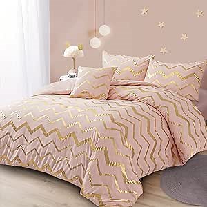 Menghomeus Pink Comforter Set Queen/Full Size Metallic Blush and Rose Gold Bed Comforter 4 Piece Soft Microfiber Bedding for Teen Girls Women (2 Pillow Shams + 1 Decorative Pillow Sham)