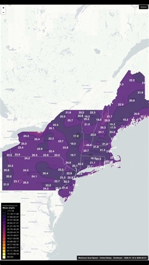 Maximum wind speed (mph) for the northeast #USA over the next two weeks #weather #maps #news #wind