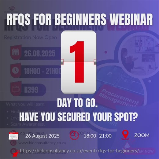 The RFQs for Beginners webinar is happening tomorrow! Get ready to learn how to respond to RFQs like a pro; from understanding requirements to pricing your quote right. 📌 Whether you're new to bidding or need a refresher, this session is for you. ⏰ It’s not too late — register now at www.bidconsultancy.co.za #RFQWebinar #BIDConsultancy #LearnToBid