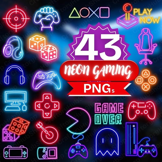 43 Neon Gaming Elements PNG Clipart Bundle Gamer Icons Printable Digital Download Bright Arcade Illustration Set - Etsy