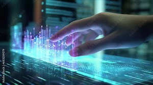 Researcher hand explores moving virtual graph with digital particles in futuristic dynamic video animation. Interactivity within a digital space, highlighting modern technological possibilities and di