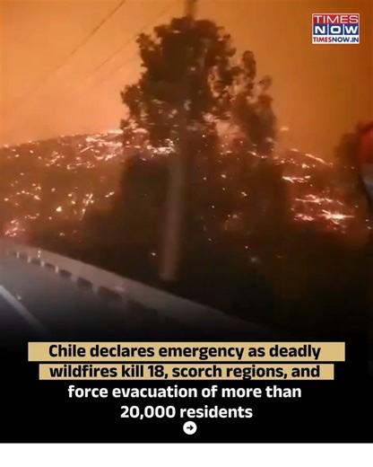 Chile has declared a state of emergency after massive wildfires tore through southern regions, killing at least 18 people and forcing over 20,000 residents to evacuate their homes. Firefighters are battling more than 20 active fires as strong winds and dry weather continue to worsen the situation. #Chilewildfires #Chile | TIMES NOW