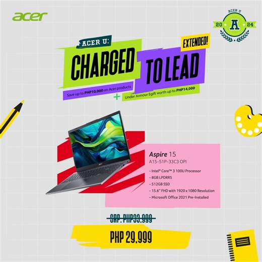Save ₱4,000 on the Acer Aspire 15, available at ₱39,000! 🤯 This all-in-one laptop has everything you need for a productive school year: a powerful processor, dependable RAM, and pre-installed Microsoft Office. Don't pass up this opportunity to upgrade your study setup and receive an Under Armour Egift—shop at the Acer PH Online Store, Acer Concept Stores, or Authorized Resellers today! #AcerU2024 #AcerUChargedToLead 🚌 | Acer Philippines