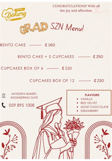 Hi loves!! 👀What season is it??? It’s Grad SZN! 🎓 and our #gradszn packages out! Get your delicious and affordable graduation themed cakes from Akyedepa Bakery❤️ We’re waiting for your orderrr😁 Text us on 059 895 1008 now😎 📍Kumasi only #CapCut #knust #kumasi #ghanatiktok🇬🇭 #fyp #🇬🇭