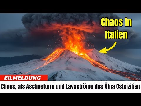 Vor 1 Minute Chaos, als Aschesturm und Lavaströme des Ätna Ostsizilien, Italien, treffen