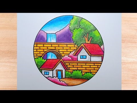 Easy Village Scenery Drawing || Drawing a House, Bridge, and Waterfall Step by Step