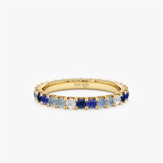 Ombre Blue Sapphire Eternity Ring, Solid Gold Color Gradient Wedding Band, Unique Blue Sapphire Stackable Ring, 10K, 14K, 18K, Azaria - Etsy