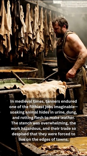 One of the nastiest jobs in history was that of a tanner in medieval Europe. Tanners were responsible for turning animal hides into leather, but the process was revolting and dangerous. They soaked hides in vats of urine, animal dung, and decaying flesh to soften and clean them before treating them with harsh chemicals like lime. The stench was unbearable, attracting swarms of flies, and the constant contact with filth and toxic substances often led to infections and chemical burns. Because of t