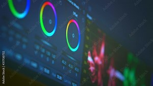 The software interface for color grading video in film and television. Professional post production for photos and videos. Image color correction. Stock Video