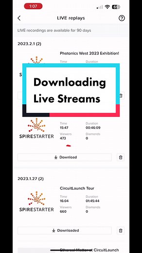 How to Download TikTok lives so you can create clips from your live streams. I used a 1Tb iphone to USB flash drive to get them off my phone and onto a pc where it’s a lot easier to edit a gigantic video file. 1.) 3 line button at top right corner of your profile 2.) Creator Tools 3.) Live Center 4.) Replays 5.) Download! Looking forward to sharing clips from those streams at @circuitlaunch and Photonics West soon!