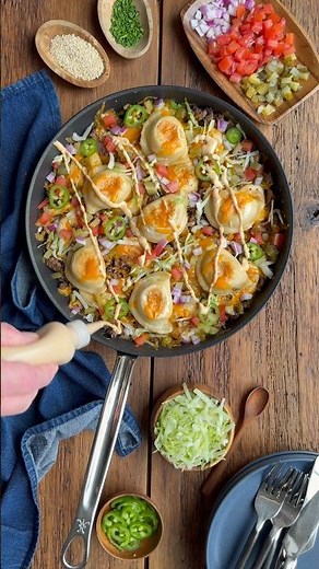 Crispy Cheeseburger Pierogi Skillet with Caramelized Onions 🍔🥟 #cheeseburger #pierogi #foodie