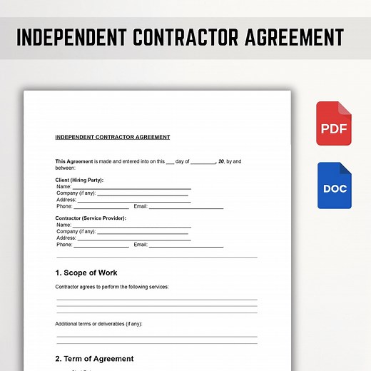 Independent Contractor Agreement Template ,DOC , PDF – Editable, Printable Legal Contract for Freelancers ,businesses - Etsy
