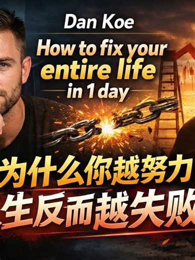 Dan Koe的千万级神文 如何在一天内彻底改变你的人生？为什么你越努力 人生反而越失败？丨复利丨智慧丨自律丨认知丨价值 你是否觉得自己越努力，人生却越不顺？ 你制定了无数计划，却总在重复原地？ 今天的视频，我将带你深入解读Dan Koe的经典文章《How to fix your entire life in 1 day》，告诉你为什么大多数人的努力没有效果，以及如何用一天时间，重构你的人生系统。 这不是鸡血，也不是口号，而是一套经过心理学、认知科学和行为科学验证的方法，帮你识别真正阻碍人生的因素，找出你的人生卡点，并建立长期可持续的生活方式。 如果你正在寻找突破现状的方法，想真正掌控自己的生活轨迹，这条视频绝对值得收藏和反复观看。