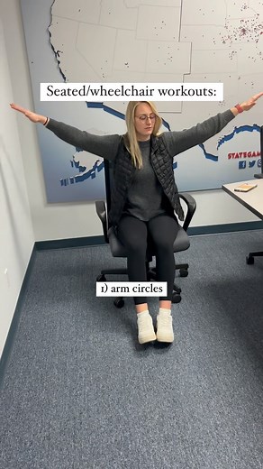 A few ideas for seated or wheelchair workouts focusing on strength and mobility! 1) arm circles in both directions 2) toe touch stretches 3) air punches (add dumbbells for a challenge!) 4) gentle torso twists (do slowly & consult your doctor) #LiveHealthy #Iowa #Wellness #Workout #WheelchairWorkout | Live Healthy Iowa | Facebook