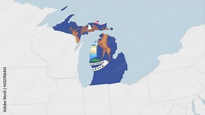 US State Michigan map highlighted in Michigan flag colors and pin of country capital Lansing.