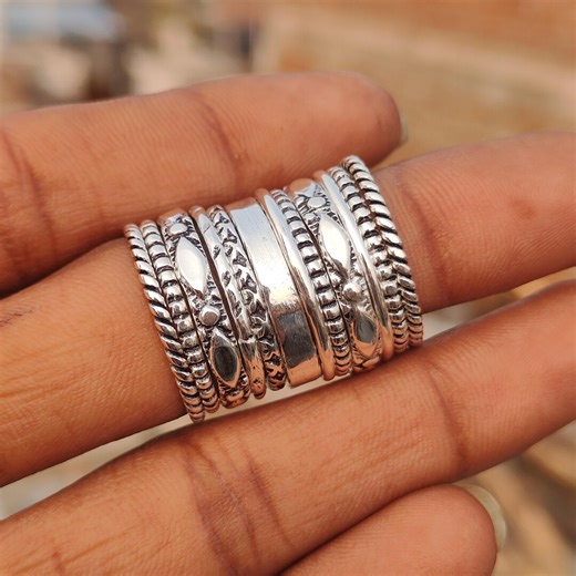 925 Sterling Silver Stackable Ring Set | Boho Multi Band Ring | Handmade Tribal Silver Statement Ring | Unisex Jewelry Gift SBM26 - Etsy
