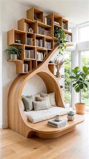 Cozy Wooden Nook Living Room Design With Built-In Shelf Charm
