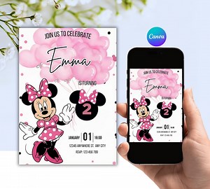 Editable Minnie Mouse Birthday Invitation Girl Digital Canva Template - Etsy