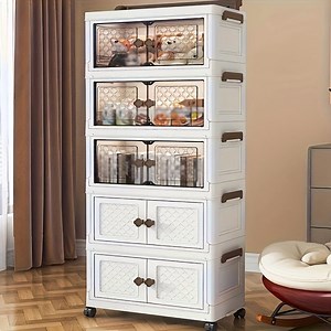 XHSGX 5-Tier Plastic Storage Cabinet with Doors - Large Foldable Storage Cabinet Plastic on Wheels, Stackable Plastic Storage Cabinets for Home Office & Bedroom (White)