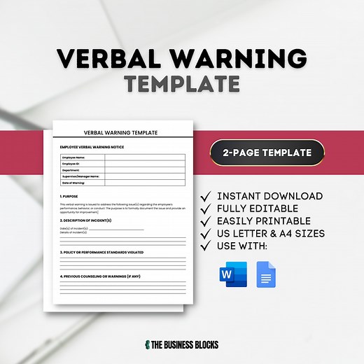 Verbal Warning Template: Employee Disciplinary Form (google Docs, MS Word) - Etsy