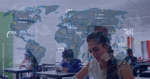 Ceiling projector projecting world map, starting lesson, girl scrolling tablet, map linking desks