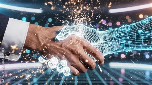 Handshake Between Human and Virtual Hand Represents Partnership, Technology Concept