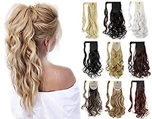 FELENDY 18" 20" 22" 24" Ponytail Extension Curly Wavy Straight Drawstring Hairpiece Wrap Around Long Synthetic Hair for Women(Light Blonde Mix Bleach Blonde)