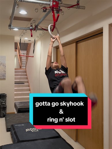 tuff gotta go skyhook & ring n' slot & ring tech line 🥷🎯🔥 #ninja Up-for-grabs 🧲-Ring to blind skyhook then to dropping double gotta go skyhook then to upsidedown hanging talon into the special delivery precision slot and out the other side to get to the swinging double ring Skyhook linked to the lime green handlebars slider to build up speed to reach the final obstacle: huge grip-killer cannonball. #ninjawarrior #obstaclecourse #ninjakids #sports