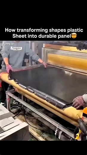 Shivam Kumar | Fynny on Instagram: "This video demonstrates the thermoforming process, in which a flat sheet of plastic is heated and molded over a contoured form to create rigid, durable panels used in applications such as flooring or protective covers. Workers handle the softened sheet with gloves as it conforms to the mold under pressure from a press mechanism, resulting in a seamless, shaped product that cools into its final form. The clip was uploaded to X (formerly Twitter) on September 16