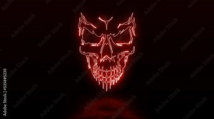 The outline of a skull made of fire on a dark background.