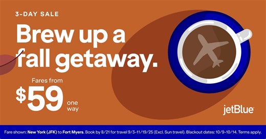 Enjoy an extra shot of savings. (Pumpkin spice, optional.) Book now: https://bit.ly/4mmiR6g | JetBlue