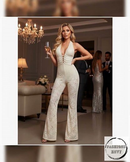 Lace Halter Jumpsuit - Deep V Wide Leg Style