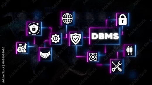 D B M S database management system security on neon background DBMS